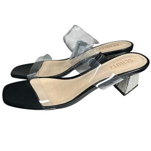 SCHUTZ Ariellen Low Vinyl & Rhinestones Mule with Tan/Silver/Black Size 9.5